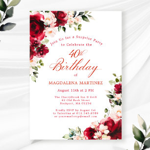 SURPRISE PARTY 40e Verjaardag Rood Roze Bloemen Kaart