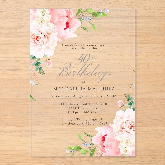 SURPRISE PARTY 40e Verjaardag Roze pioenroos Bloem Acryl Uitnodigingen (Voorkant)