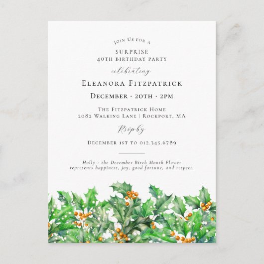 SURPRISE PARTY 40th Birthday December Birth Flower Uitnodiging Briefkaart (Voorkant)