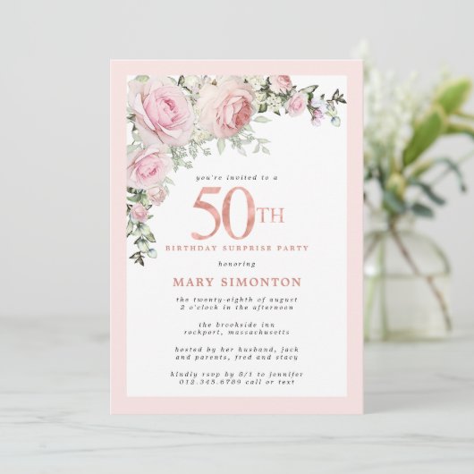 SURPRISE PARTY 50e verjaardag Roze Rose Bloemen Kaart (Staand voorkant)