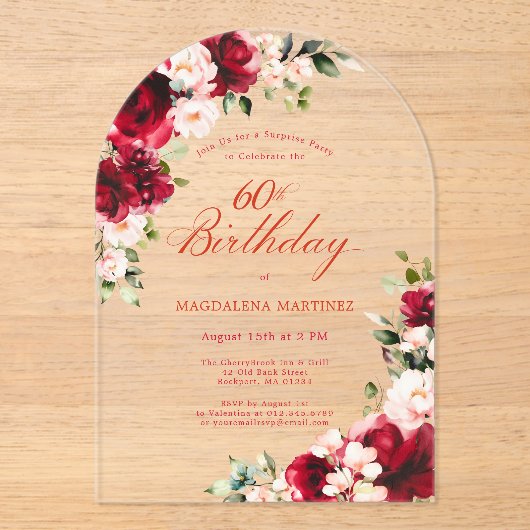 SURPRISE PARTY 60e Verjaardag Rood Roze Bloemenboo Acryl Uitnodigingen (Voorkant)