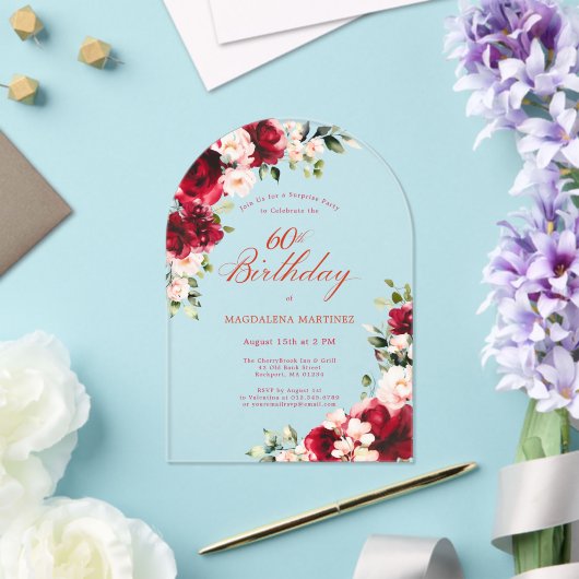 SURPRISE PARTY 60e Verjaardag Rood Roze Bloemenboo Acryl Uitnodigingen (Insitu (Huwelijk))