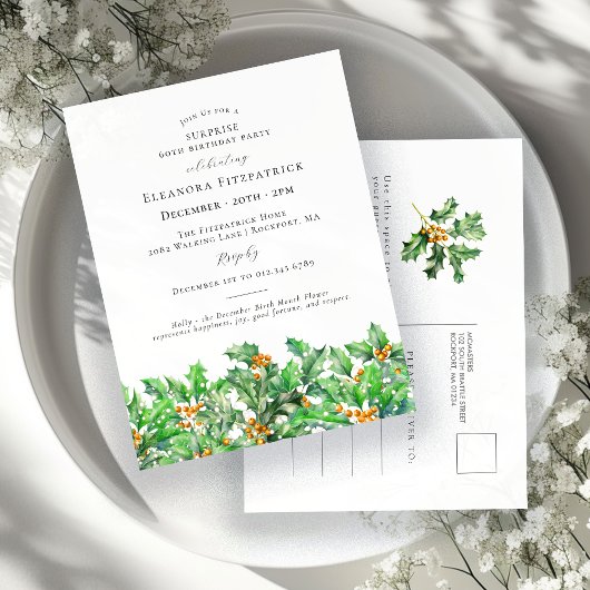 SURPRISE PARTY 60th Birthday December Birth Flower Uitnodiging Briefkaart