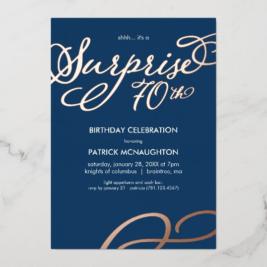 Surprise Party 70th Birthday Gold Foil Invitation Folie Uitnodiging (Voorkant)