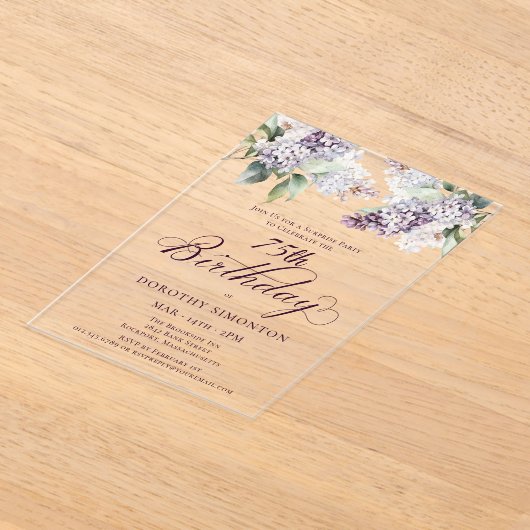 SURPRISE PARTY 75e Verjaardag Paarse Lila Bloemen Acryl Uitnodigingen (Laagn)