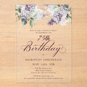 SURPRISE PARTY 75e Verjaardag Paarse Lila Bloemen Acryl Uitnodigingen (Voorkant)