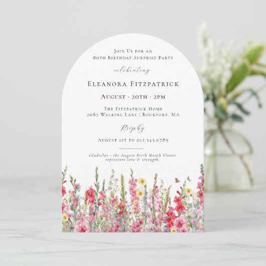 SURPRISE PARTY 80th Birthday August Birth Flower Kaart (Staand voorkant)