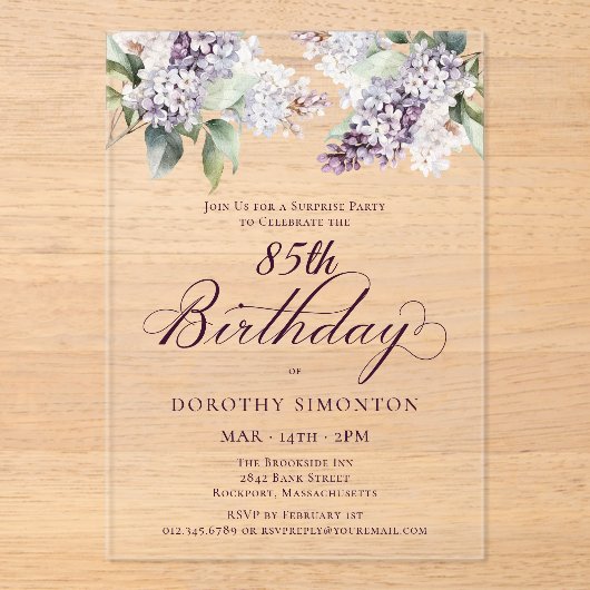 SURPRISE PARTY 85e Verjaardag Paarse Lila Bloemen Acryl Uitnodigingen (Voorkant)