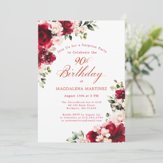 SURPRISE PARTY 90e verjaardag Rood Roze Bloemen Kaart (Staand voorkant)