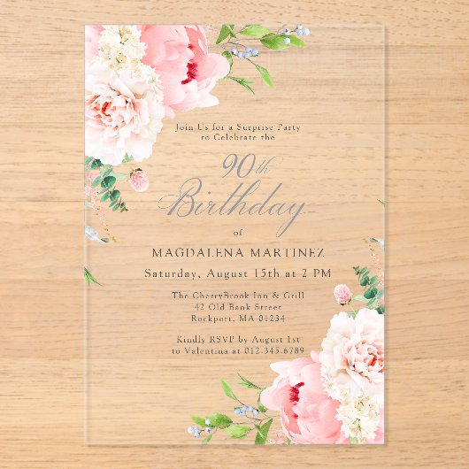 SURPRISE PARTY 90e verjaardag roze pioenroos Bloem Acryl Uitnodigingen (Voorkant)