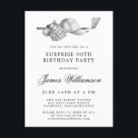 SURPRISE Party 90th Birthday Golf Thema Uitnodiging Briefkaart<br><div class="desc">Elegante zwart-wit verjaardagsuitnodiging voor een golfer. De top van de uitnodiging is versierd met accessoires - een golfclub, golfbal, pet en handschoenen. De waterverf design creëer is een traditioneel en klassiek esthetiek. Perfect voor een verjaardagsbash bij de club of een BBQ in de achtertuin. Alle tekst kan eenvoudig worden bewerkt....</div>