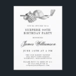 SURPRISE Party 90th Birthday Golf Thema Uitnodiging Briefkaart<br><div class="desc">Elegante zwart-wit verjaardagsuitnodiging voor een golfer. De top van de uitnodiging is versierd met accessoires - een golfclub, golfbal, pet en handschoenen. De waterverf design creëer is een traditioneel en klassiek esthetiek. Perfect voor een verjaardagsbash bij de club of een BBQ in de achtertuin. Alle tekst kan eenvoudig worden bewerkt....</div>
