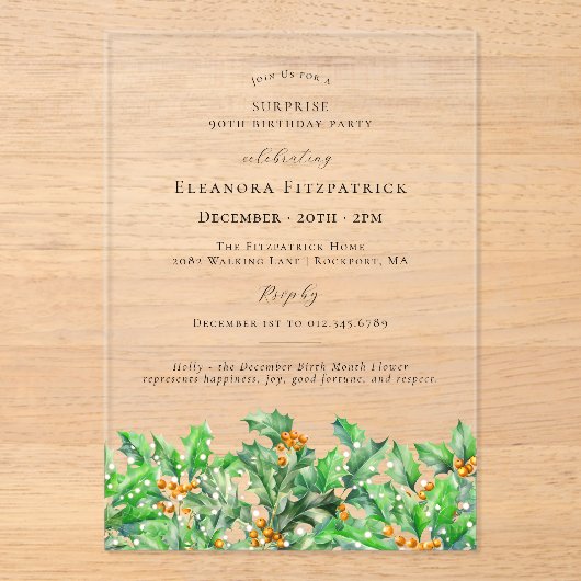 SURPRISE PARTY 90th Holly December Birth Flower Acryl Uitnodigingen (Voorkant)