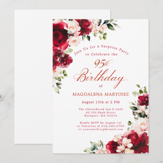 SURPRISE PARTY 95e Verjaardag Red Rose Pink Peony Kaart (Voorkant / Achterkant)