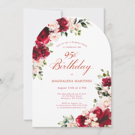 SURPRISE PARTY 95e Verjaardag Rood Roze Bloemenboo Kaart (Voorkant)
