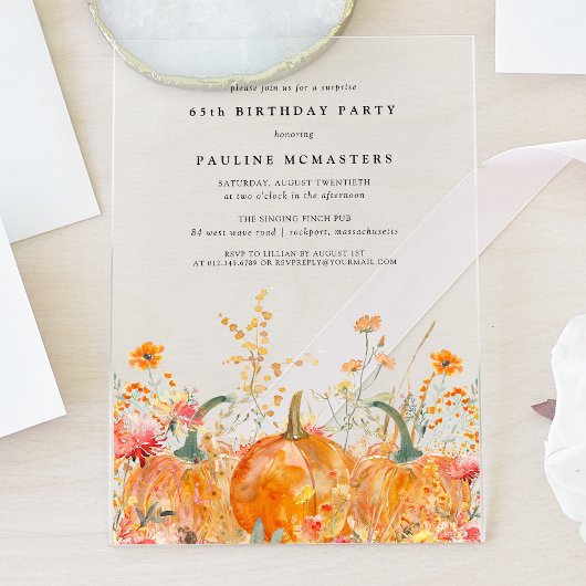 SURPRISE PARTY ACRYL 65TH Pumpkin Wildflower Acryl Uitnodigingen