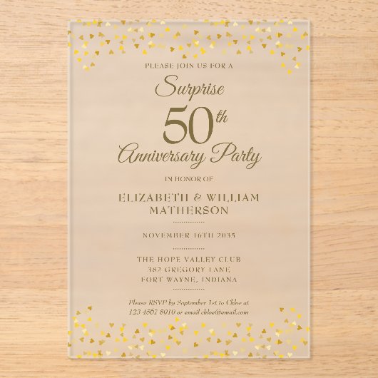 Surprise Party Golden 50th Wedding Jubileum Acryl Uitnodigingen (Voorkant)