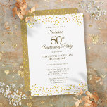 Surprise Party Golden 50th Wedding Jubileum Kaart<br><div class="desc">Met delicate gouden liefde harten confetti. Pas je aan met je speciale vijftig jaar gouden verjaardagsverrassingspartijinformatie in het chic gold lettering. Ontworpen door: Thisnotme©</div>