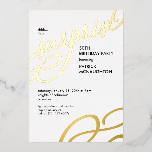 Surprise Party Goud Folie Uitnodiging (Voorkant)