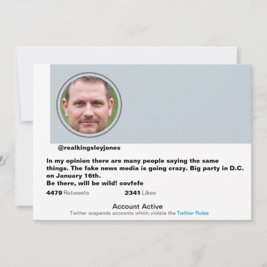 Surprise Party Grappig Twitter Joke Post uitnodigi Kaart (Voorkant)