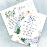 Surprise Party Hydrangea Roos 30e verjaardag Briefkaart<br><div class="desc">Blauwe hydrangebloemen en bloemen met blozen rozen versieren een gouden ovale lijst. Een open en airy modern botanisch.</div>