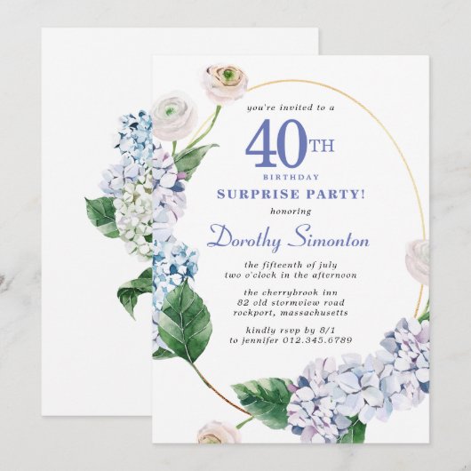 Surprise Party Hydrangea Roos 40e Verjaardag Kaart (Voorkant / Achterkant)