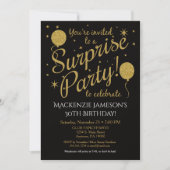 Surprise Party Invitation Gold Balloon Birthday Kaart (Voorkant)