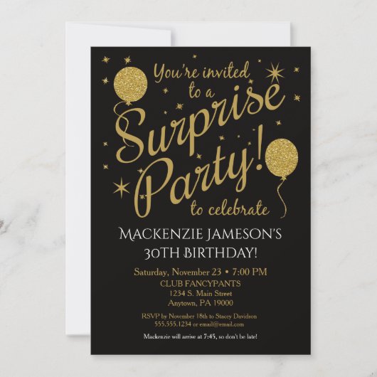 Surprise Party Invitation Gold Balloon Birthday Kaart (Voorkant)