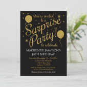 Surprise Party Invitation Gold Balloon Birthday Kaart (Staand voorkant)