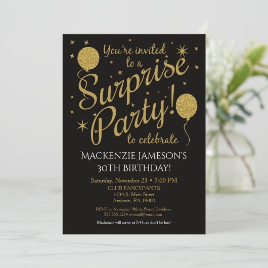 Surprise Party Invitation Gold Balloon Birthday Kaart (Staand voorkant)