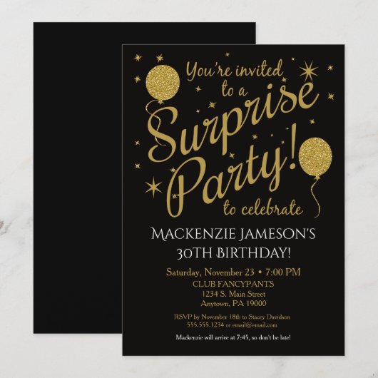 Surprise Party Invitation Gold Balloon Birthday Kaart (Voorkant / Achterkant)