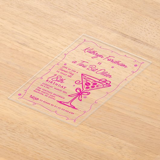 SURPRISE PARTY Pink Doodle Martini 18e verjaardag Acryl Uitnodigingen (Laagn)