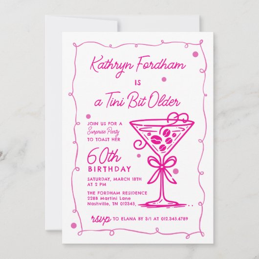 SURPRISE PARTY Pink Doodle Martini 60e verjaardag Kaart (Voorkant)
