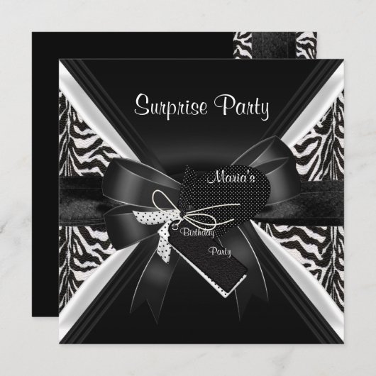 Surprise Party Zebra Black White bow Afbeelding Kaart (Voorkant / Achterkant)