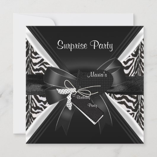 Surprise Party Zebra Black White bow Afbeelding Kaart (Voorkant)