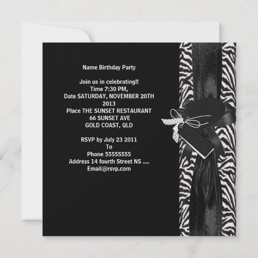 Surprise Party Zebra Black White Bow Kaart (Achterkant)