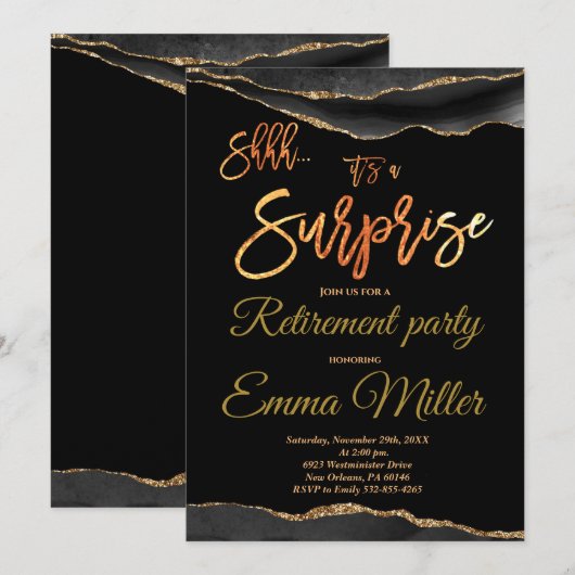Surprise Pensioen Party, Elegant Goud en Zwart Kaart (Voorkant / Achterkant)