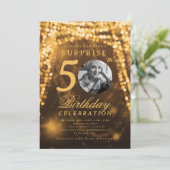 SURPRISE Photo 50th Birthday Gold Glam Lights Kaart (Staand voorkant)