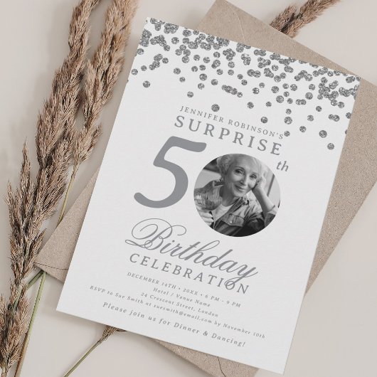 SURPRISE Photo 50th Birthday Silver Confetti Kaart