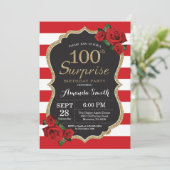 Surprise Red Rose 100th Birthday Invitation Gold Kaart (Staand voorkant)