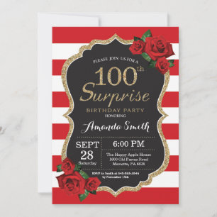 Surprise Red Rose 100th Birthday Invitation Gold Kaart