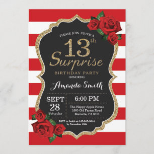 Surprise Red Rose 13th Birthday Invitation Gold Kaart