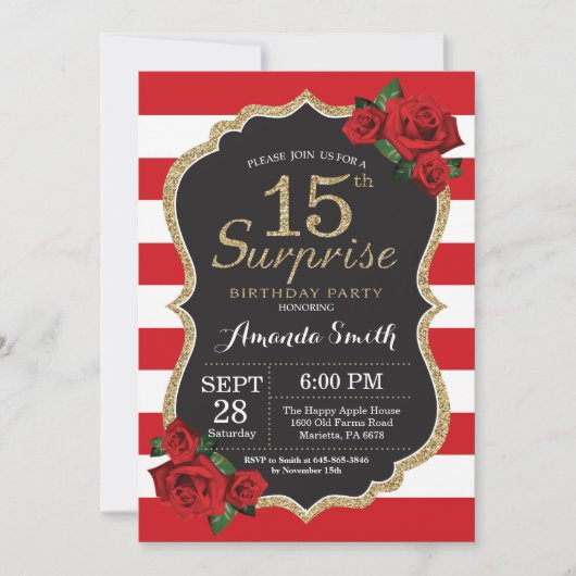 Surprise Red Rose 15th Birthday Invitation Gold Kaart (Voorkant)