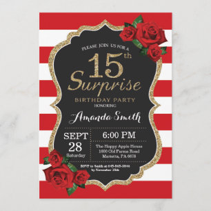 Surprise Red Rose 15th Birthday Invitation Gold Kaart