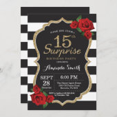 Surprise Red Rose 15th Birthday Invitation Gold Kaart (Voorkant / Achterkant)