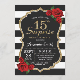 Surprise Red Rose 15th Birthday Invitation Gold Kaart