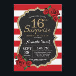 Surprise Red Rose 16e verjaardag uitnodiging goud<br><div class="desc">Verrassing Red Rose 16e verjaardag uitnodiging Gold Glitter. Black and Gold verjaardagsfeestje uitnodigen. Gouden Glitter. Rode en witte strepen. Krijtbord. Printbaar digitaal. Voor verdere aanpassing klikt u op de knop "Aanpassen" en gebruikt u onze ontwerptool om deze sjabloon te wijzigen.</div>