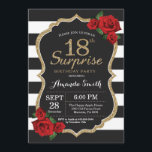 Surprise Red Rose 18th Birthday Invitation Gold Kaart<br><div class="desc">Surprise Red Rose 18th Birthday Invitation Gold Glitter. Zwarte en gouden feestdag uitnodiging. Gold Glitter. Zwarte en witte strepen. Chalkboard. Afdrukbaar digitaal. Voor verdere aanpassing,  te klikken gelieve de knoop "van de Aanpassing het"en ons ontwerphulpmiddel te gebruiken om deze sjabloon te wijzigen.</div>