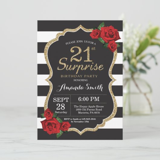 Surprise Red Rose 21e verjaardag uitnodiging goud (Staand voorkant)