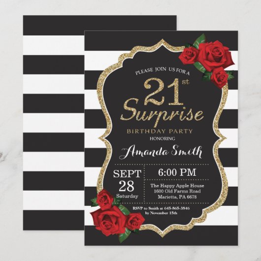 Surprise Red Rose 21e verjaardag uitnodiging goud (Voorkant / Achterkant)